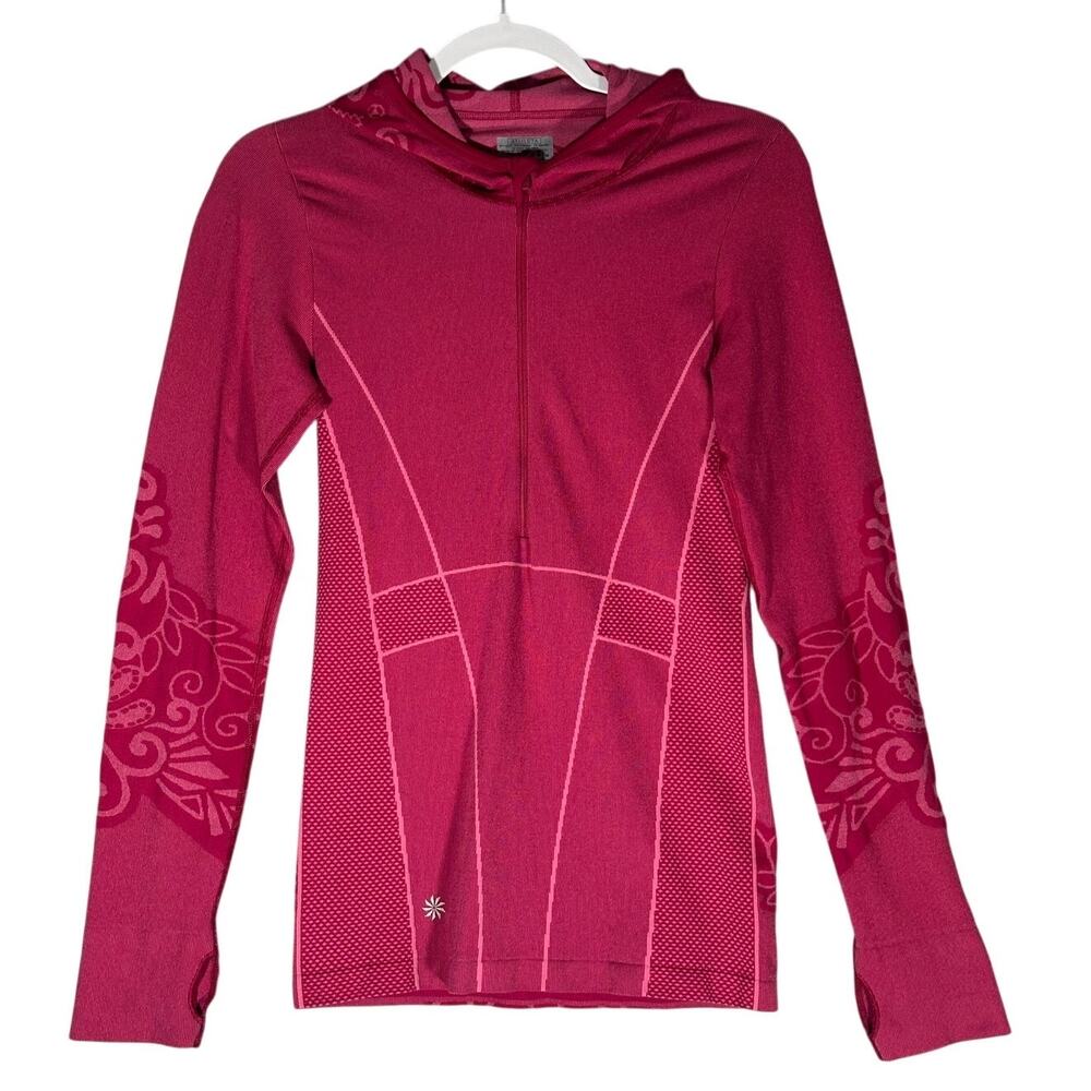 Athleta Hoodie Sz M‎ 1/2 Zip Pullover Seamless Twist Floral Thumbholes Pink
